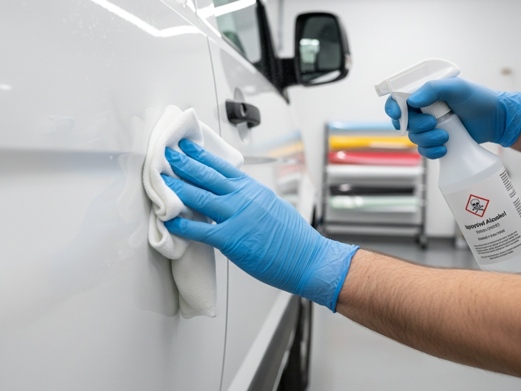 Technician cleaning vehicle panel with alcohol wipe before applying vinyl graphics.