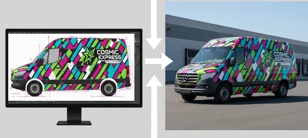 Designer creating vehicle wrap mock-up on digital template for accurate alignment.