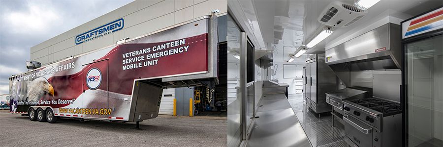 Split image of a Veterans Canteen Service Emergency Mobile Unit trailer. (Left) Exterior with Department of Veterans Affairs eagle graphic. (Right) Interior view of a fully-equipped commercial mobile kitchen with stainless steel appliances, stove, and ventilation hood.