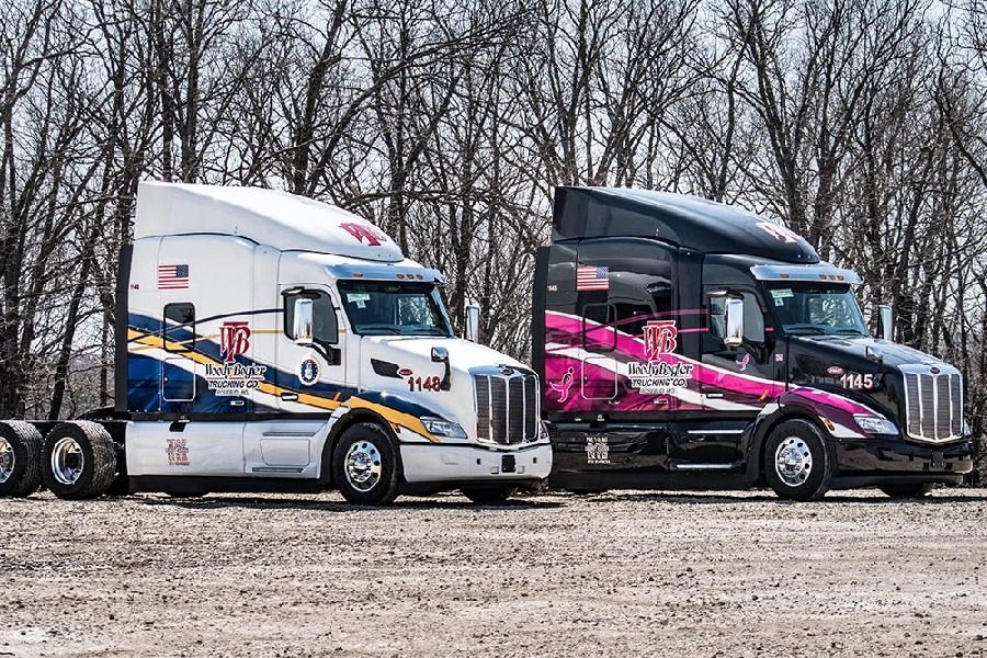 Two custom-wrapped semi-truck tractors for Wolf Baylor Trucking Co., one white with blue and gold graphics and one black with pink and white graphics, are parked side-by-side.