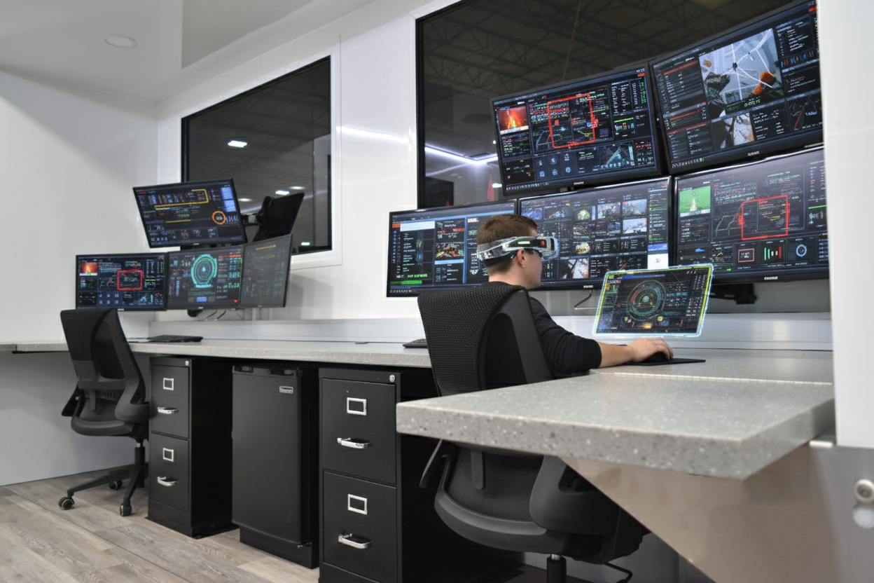 AR and AI-assisted collaboration tools in a mobile command unit, enhancing situational awareness and decision-making.