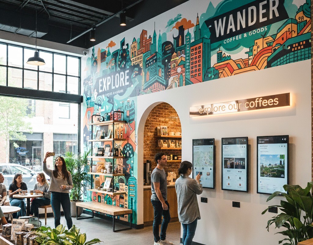 Retail space using environmental graphics to reinforce brand identity with consistent logos, colors, and design elements.