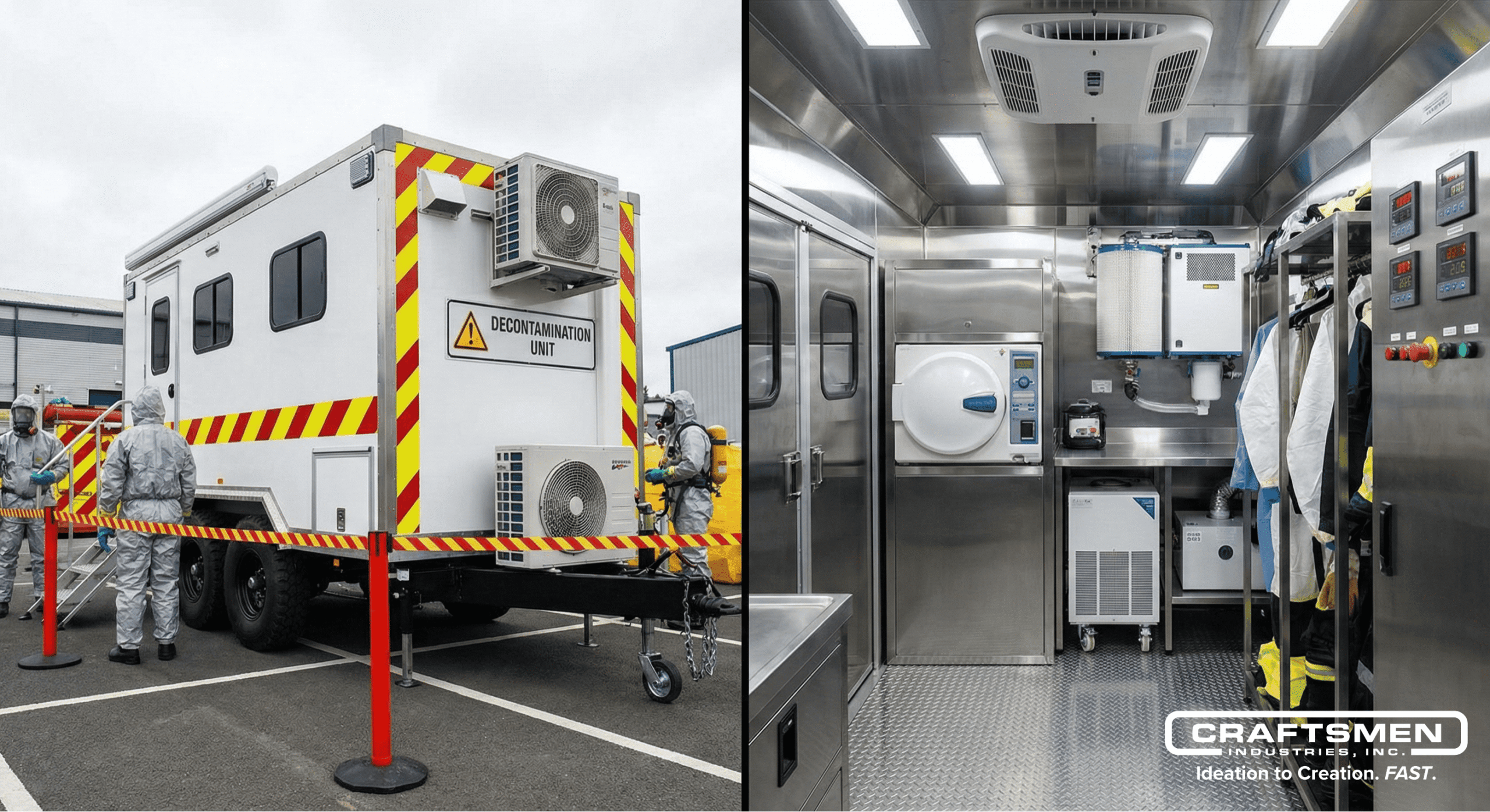 Decontamination medical trailer showing PPE stations and sterilization systems