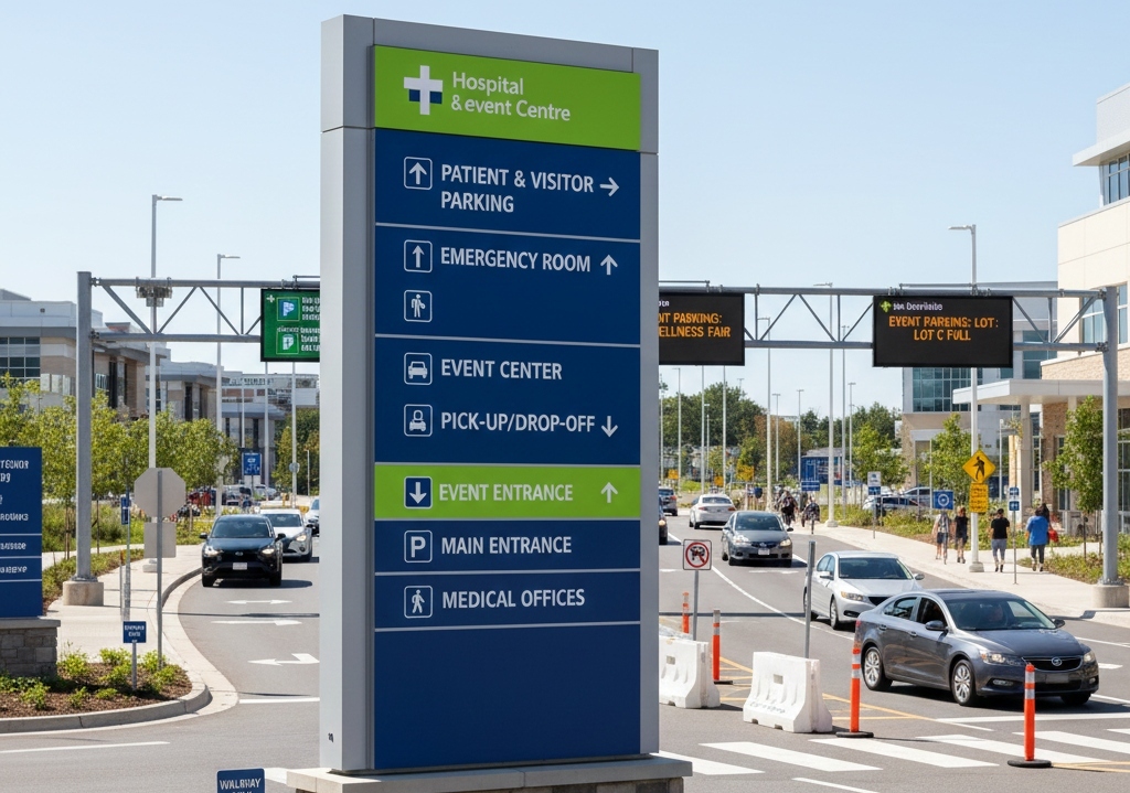Directional outdoor signage reducing congestion at a busy facility