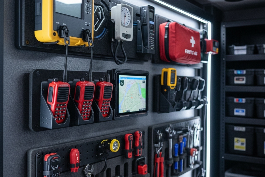 Equipment securely mounted and easily accessible inside disaster relief trailer