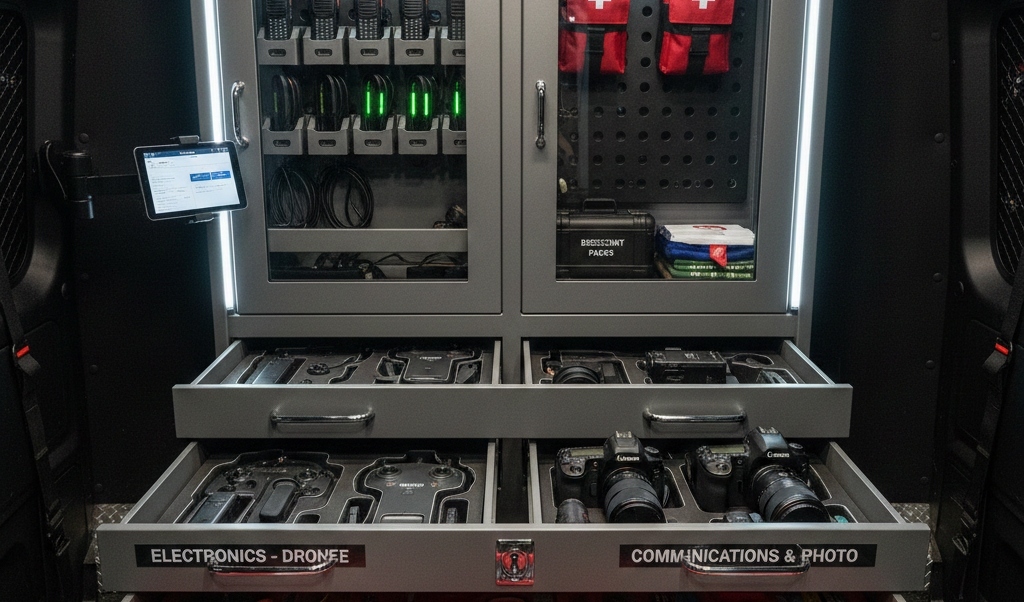 Secure drawer and cabinet storage in a mobile command unit