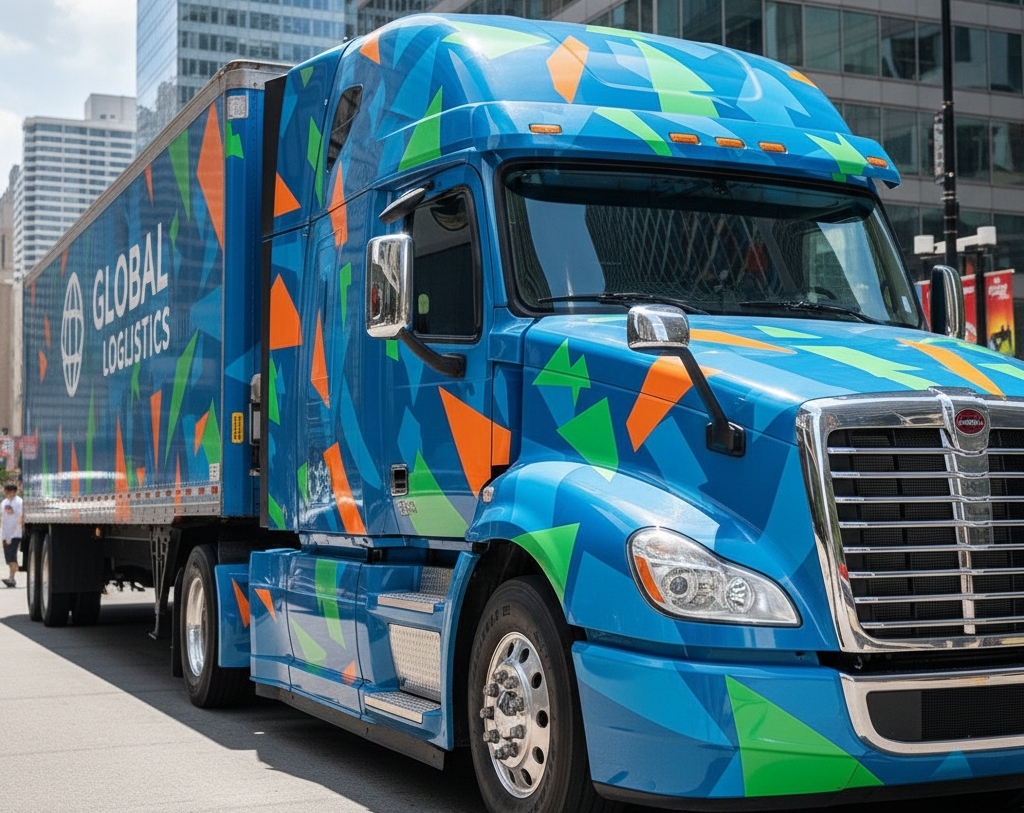 Glossy fleet wrap highlighting vibrant colors and high visibility on the road