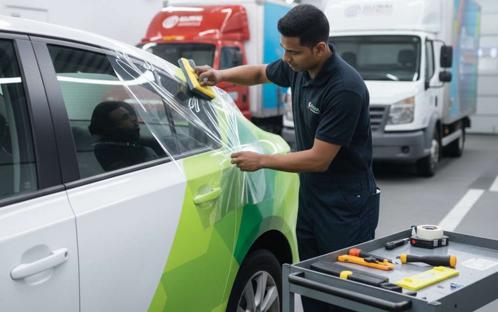 Applying protective laminate to fleet wrap to preserve color and extend lifespan