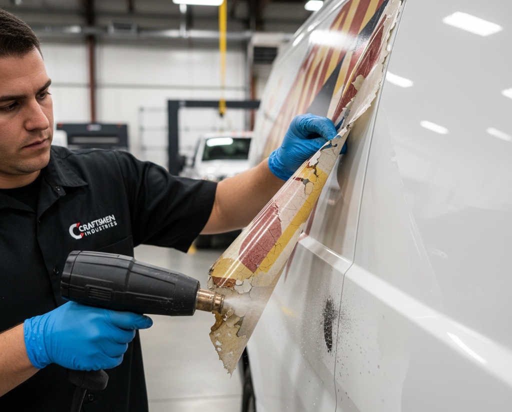 Professional removing old vinyl wrap using controlled heat and adhesive remover, preserving vehicle paint during replacement.