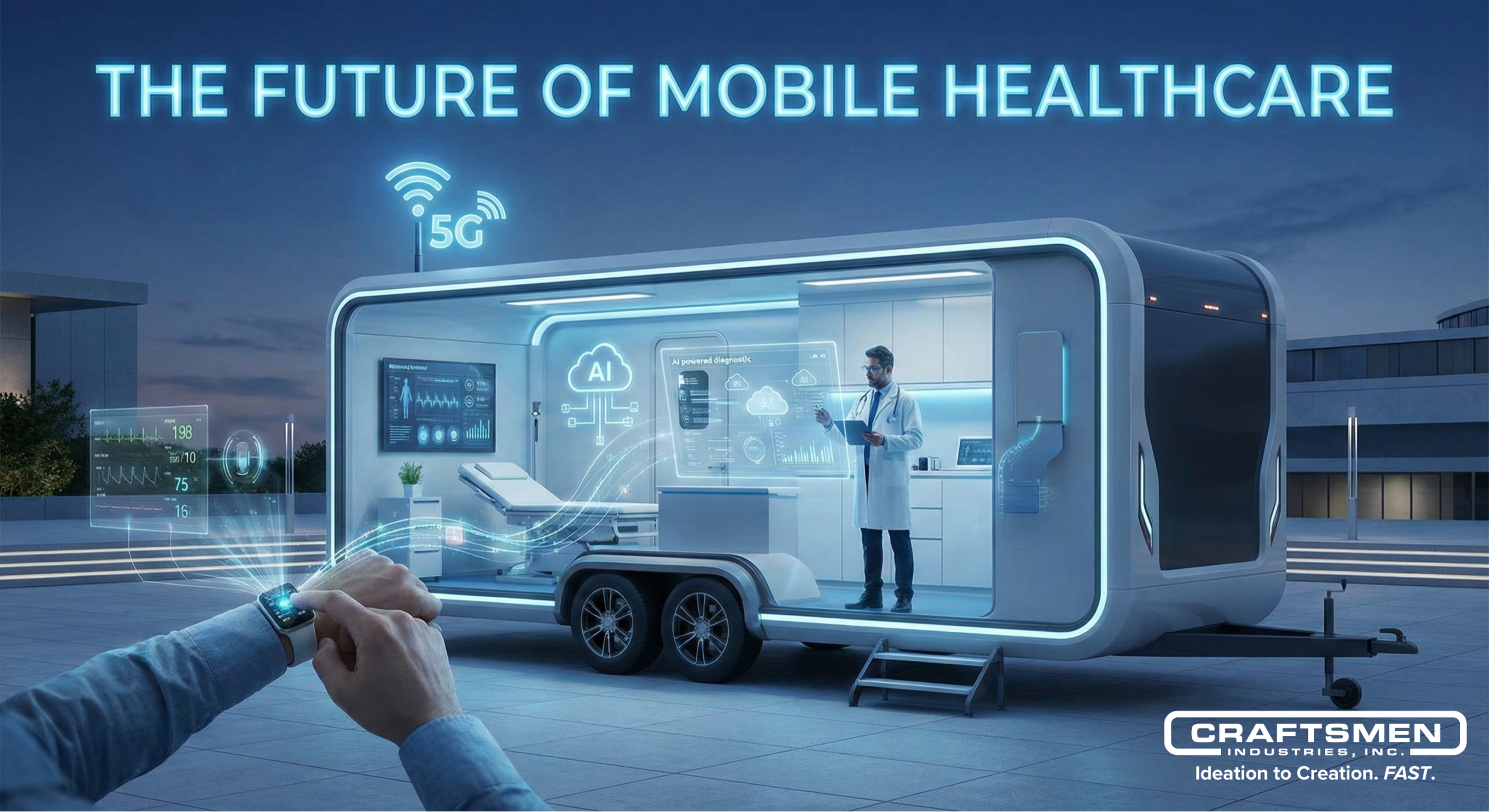 Advanced medical trailer using AI diagnostics and wearable health monitoring technology.
