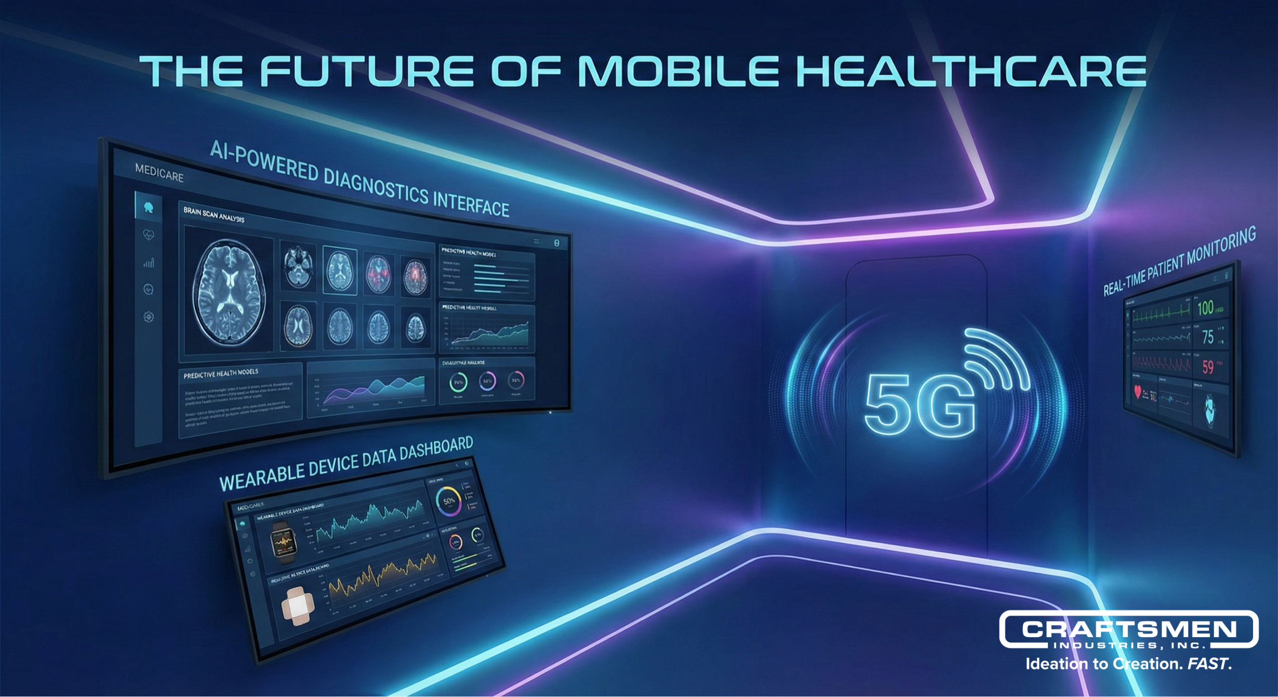 Advanced telemedicine trailer interior showing AI diagnostics and remote monitoring technology.
