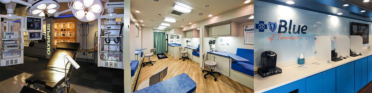 Panoramic collage of three mobile medical and health aid interiors. (Left) An Olympus surgical training room with operating lights. (Center) A clean mobile exam or clinic space with wood floor. (Right) A BlueCross BlueShield of Tennessee mobile health station with blue cabinets and a Keurig coffee maker.