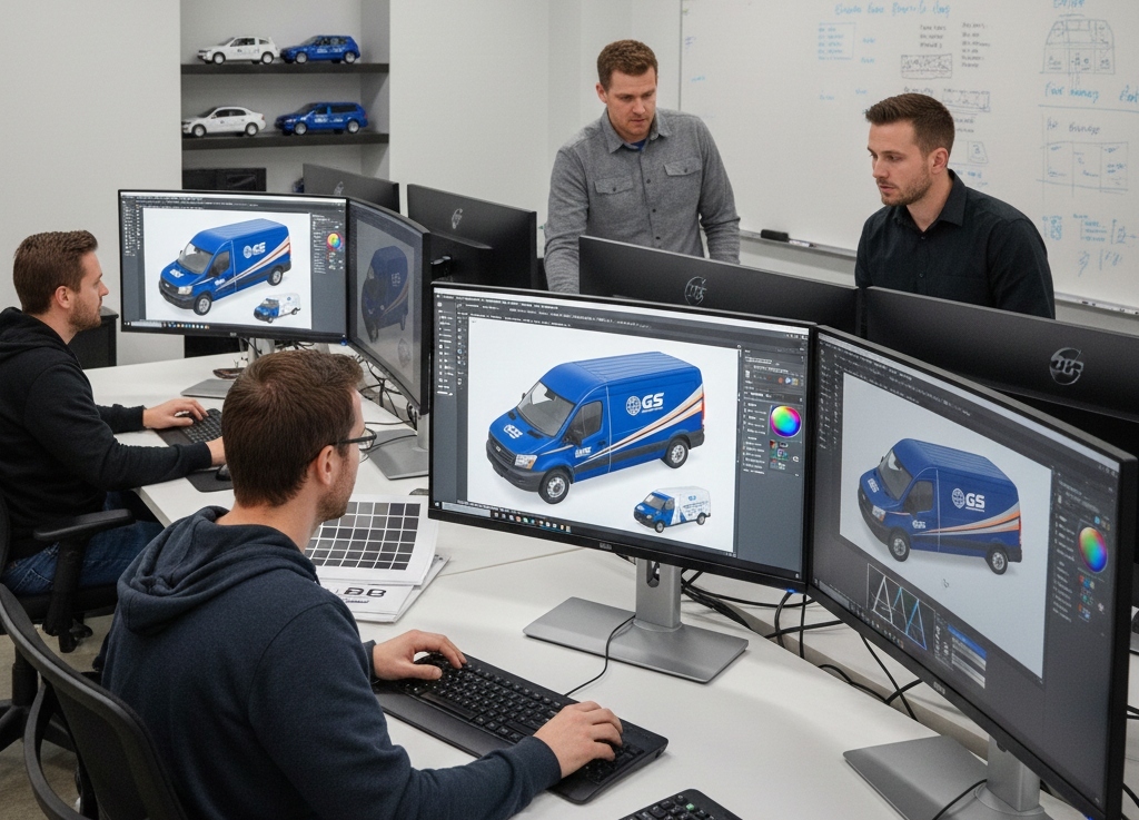 In-house fleet wrap designers creating vehicle graphics and 3D mockups