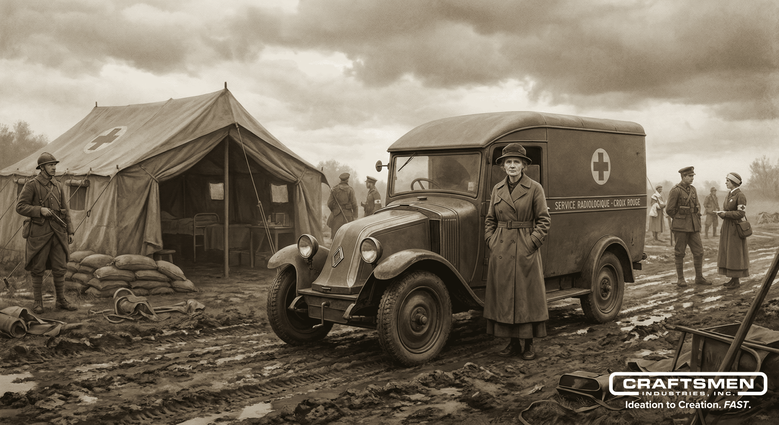 Marie Curieās WWI mobile X-ray van on a battlefield.