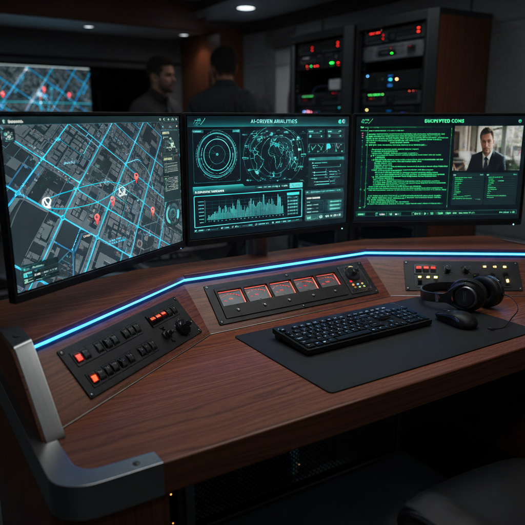 Close-up of integrated technology systems inside an MCCāAI-driven data analytics dashboard, GPS mapping interface, and encrypted communication equipment powering field coordination.