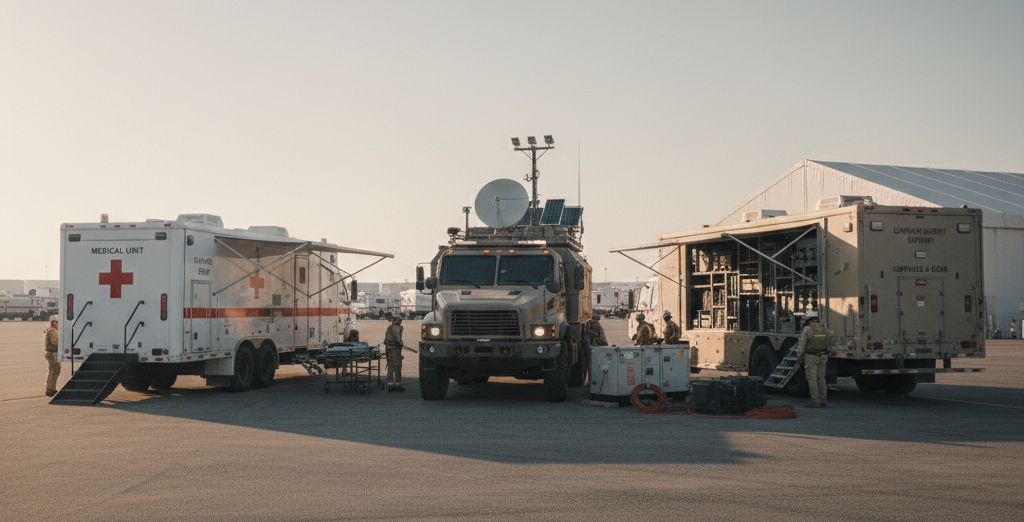 Medical, command, and logistics disaster response trailers in coordinated operation