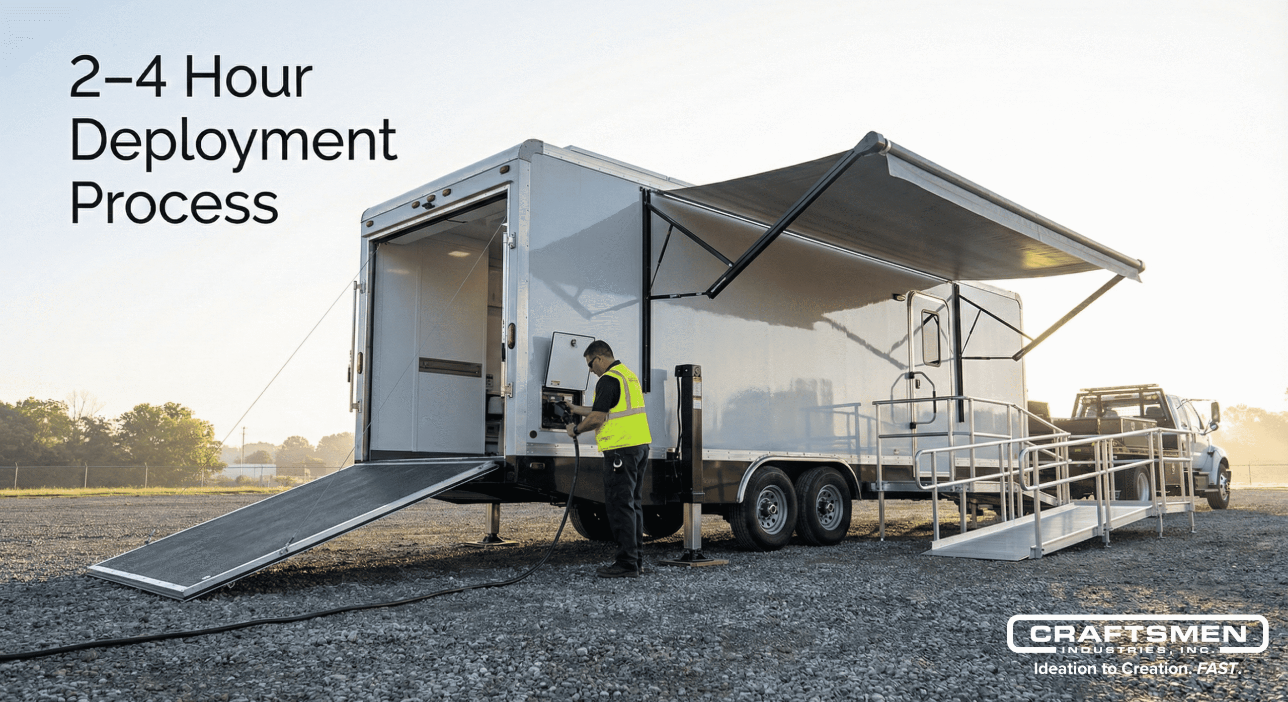 Medical trailer being leveled and connected to power at a new deployment site