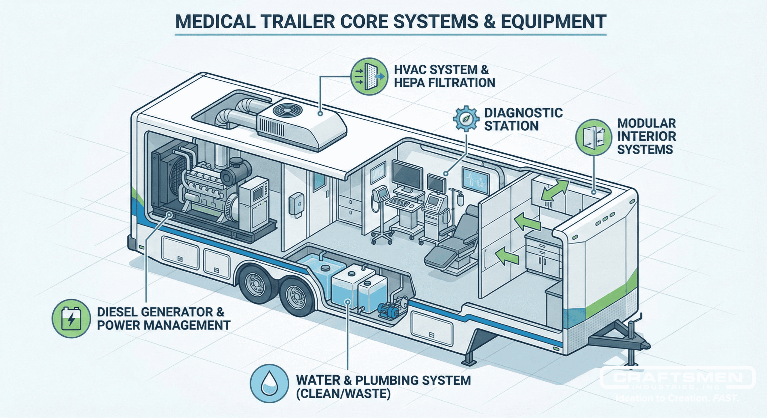Cross-sectional diagram of medical trailer showing core systems like power, air, and medical equipment.