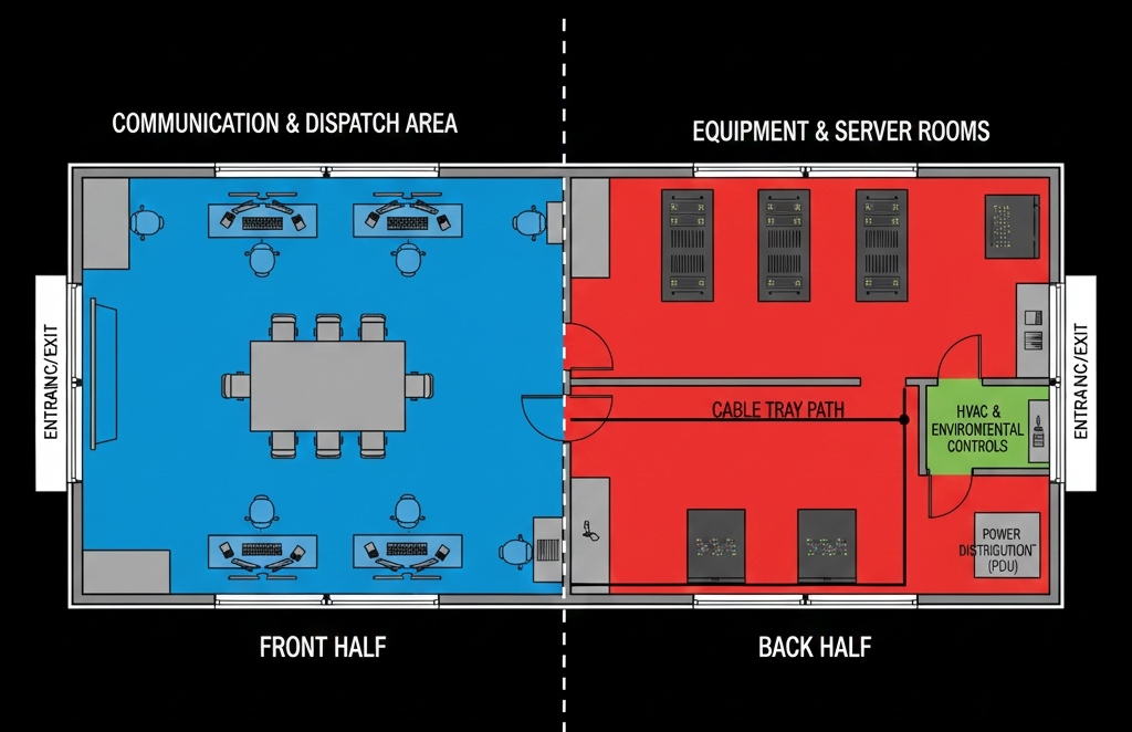 Interior zoning layout for acoustic control in mobile command centers