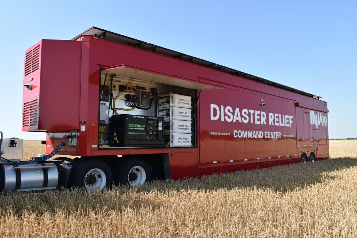 Mobile command center equipped with solar panels and hybrid generator systems, demonstrating sustainable power integration and energy-efficient technology for off-grid emergency deployments.