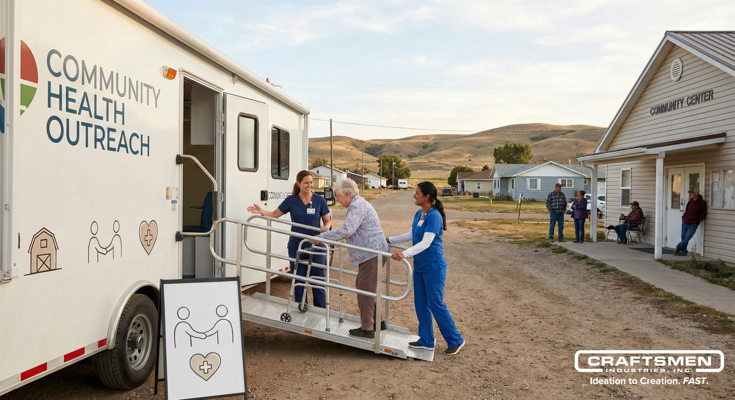 Mobile medical trailer providing healthcare services to a rural community.
