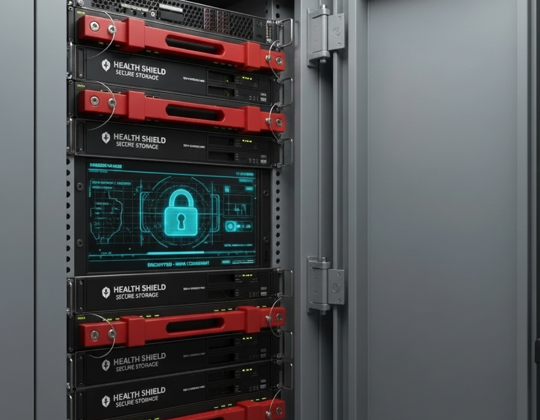 Ruggedized locked server cabinet inside a mobile medical unit designed for secure healthcare data storage.