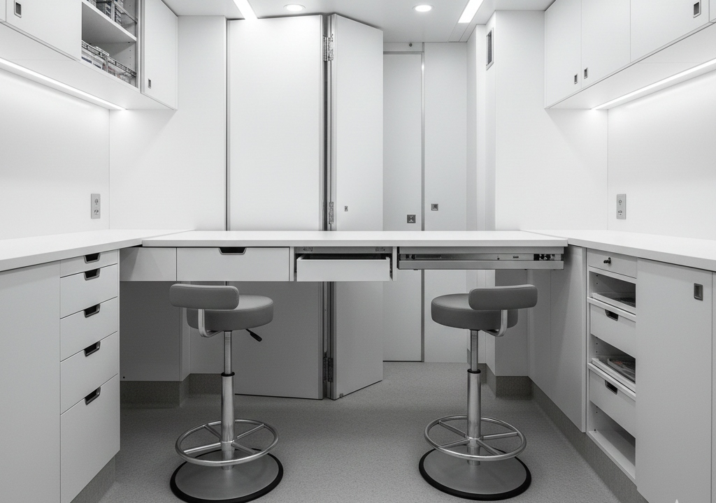 Ergonomic modular seating and adjustable workstations in mobile medical interiors
