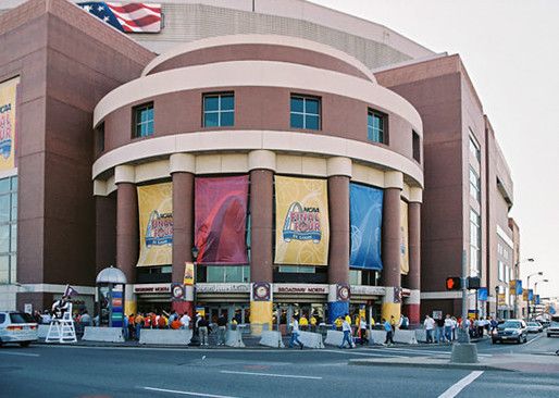 NCAA Final Four event banners and stadium graphics displayed on the exterior of an arena.