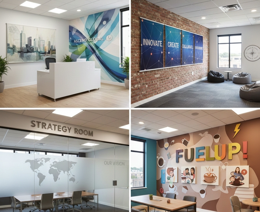 Strategically planned office branding graphics using vinyl and fabric materials