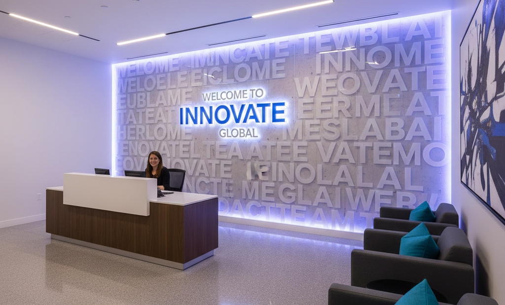 Indoor large-format graphics enhancing modern office branding and identity