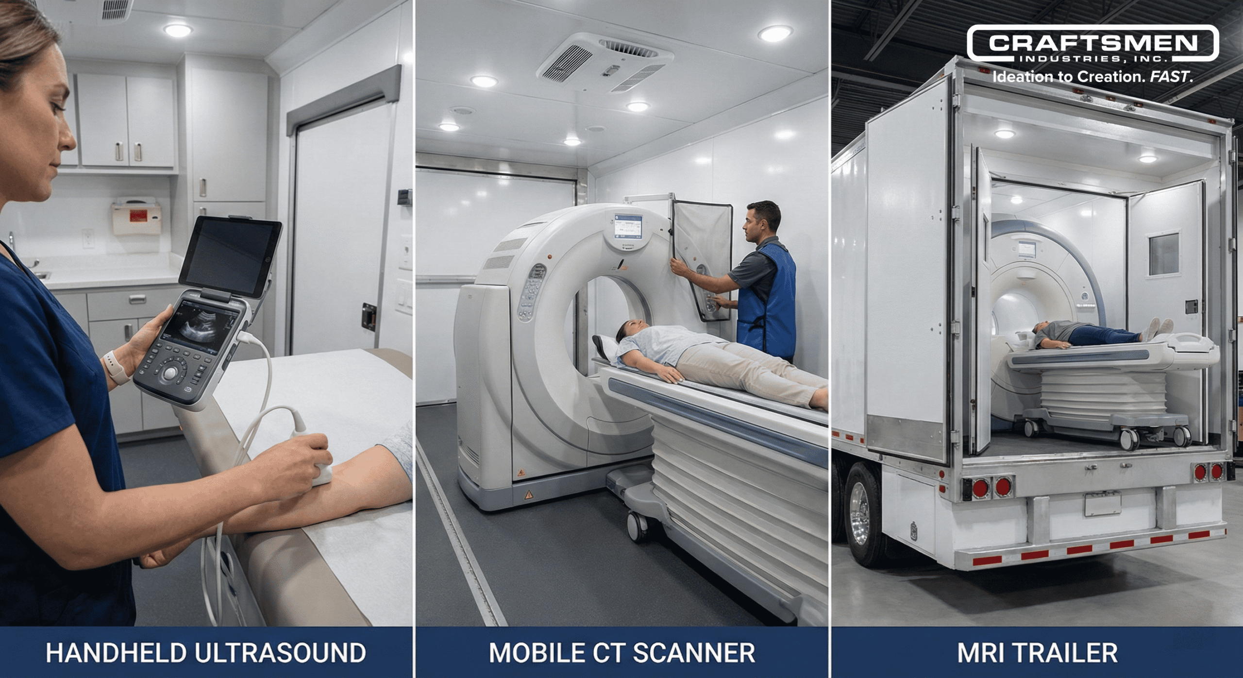 Portable medical imaging equipment including handheld ultrasound and mobile CT scanner inside trailers.