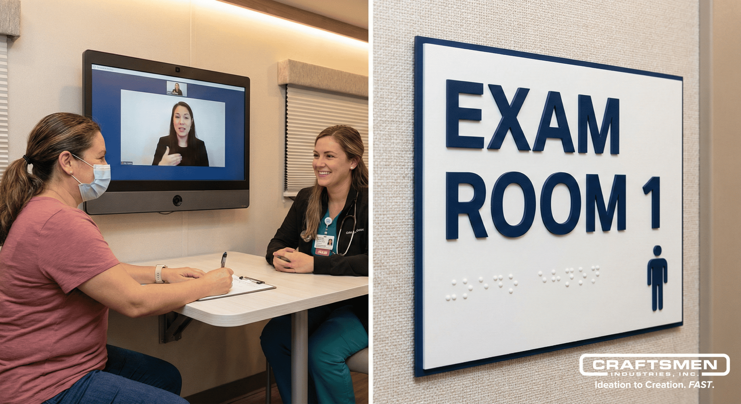Telehealth session with sign language interpreter and high-contrast tactile signage inside a medical trailer.