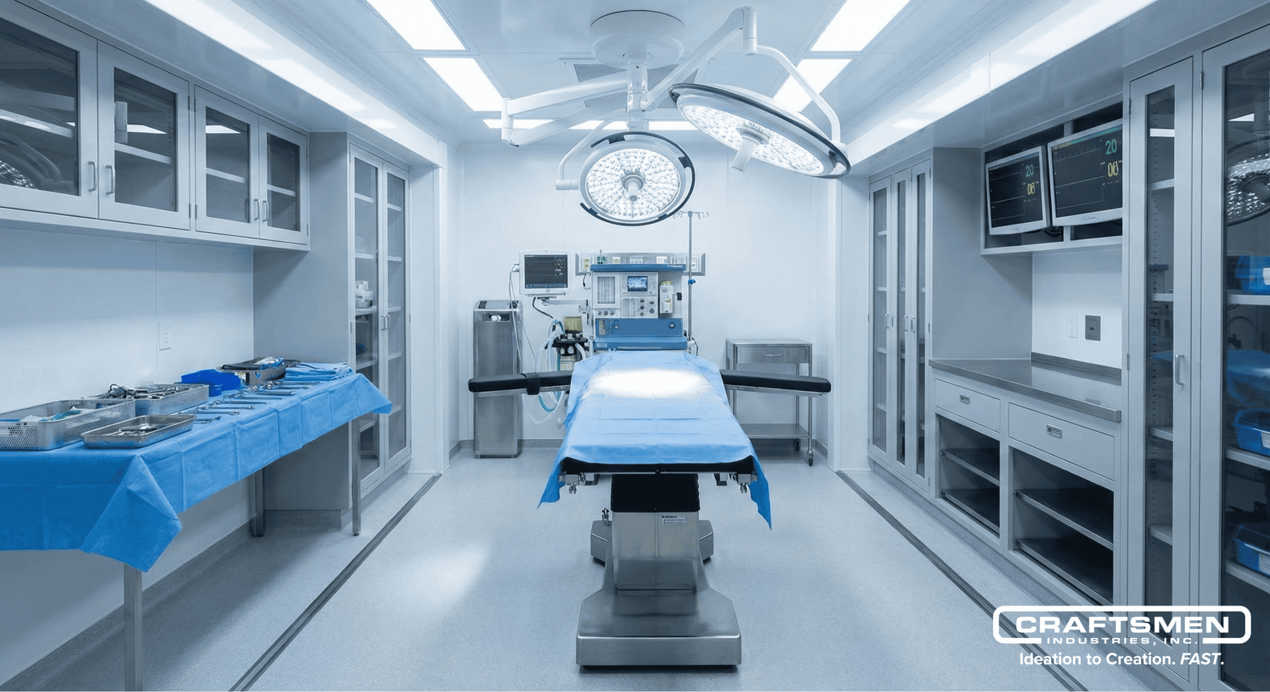 Interior of a mobile surgical trailer with sterile operating equipment.