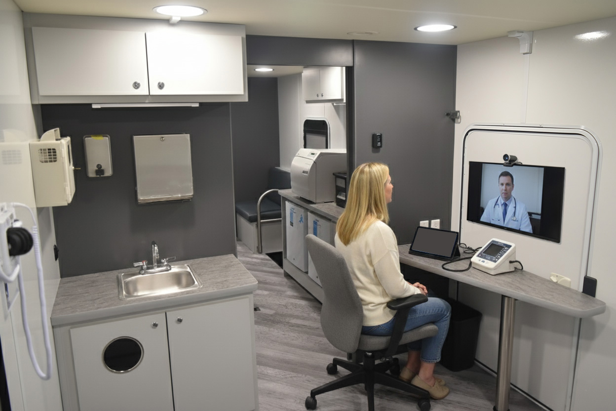 Telemedicine consultation booth inside a mobile medical RV with digital health tools
