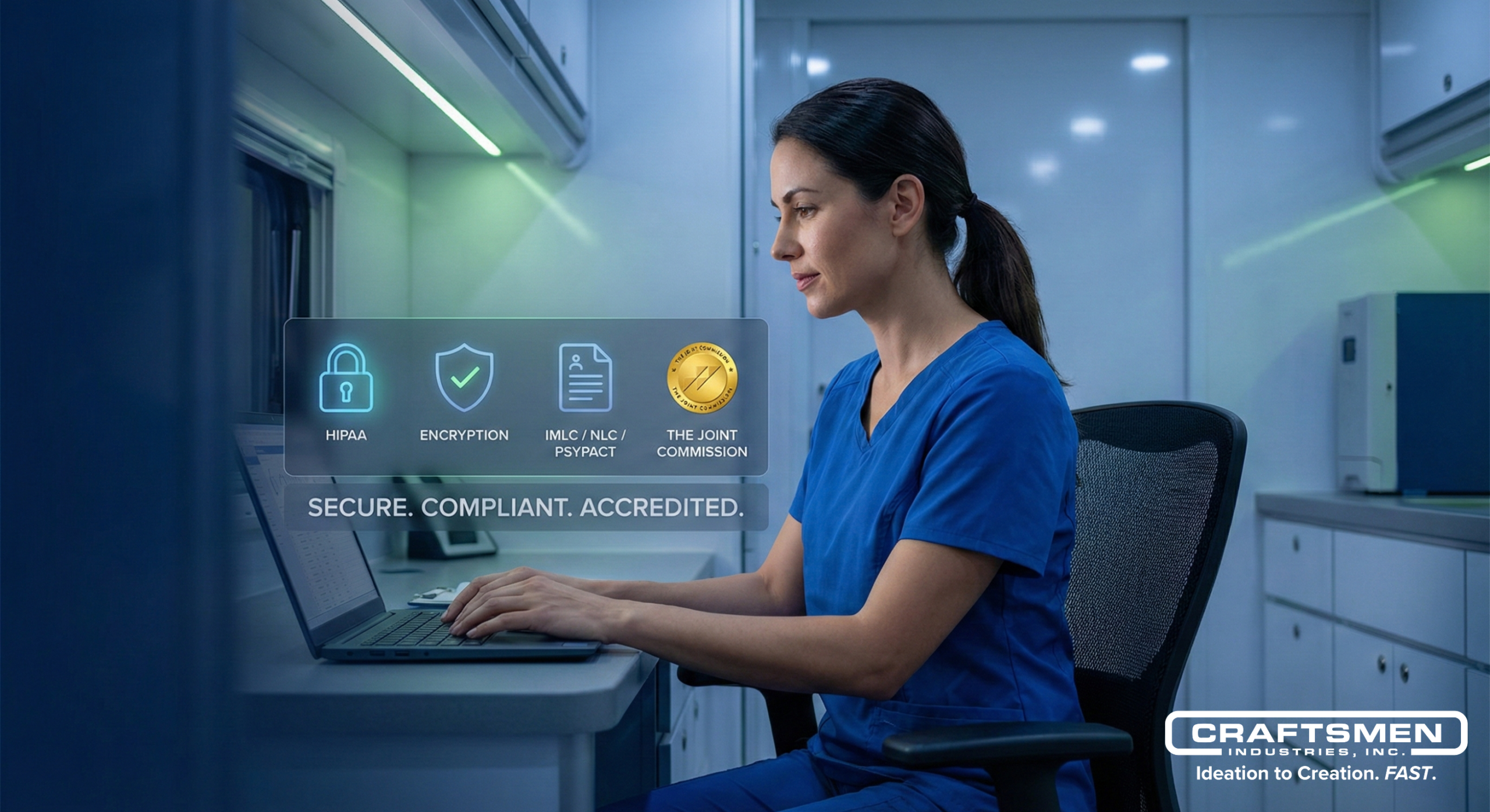 Healthcare professional reviewing encrypted telemedicine data inside a mobile clinic.