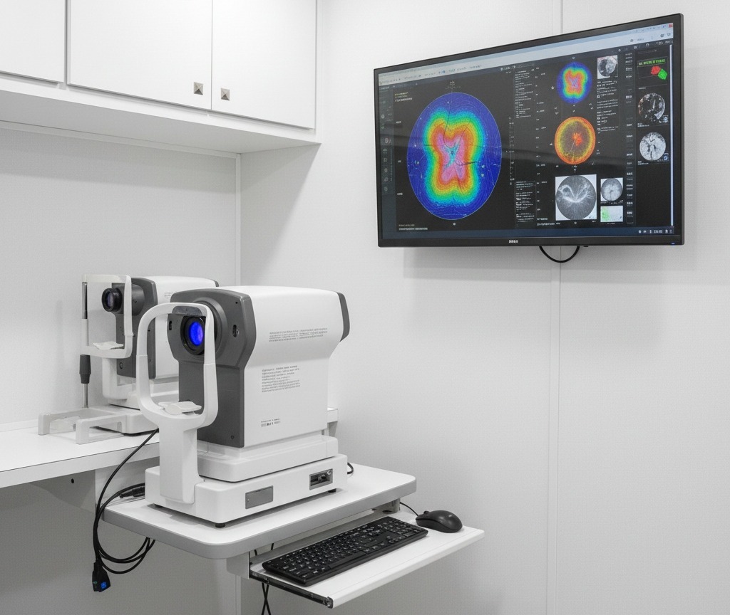 Digital vision screening equipment inside a mobile eye clinic for school screenings.