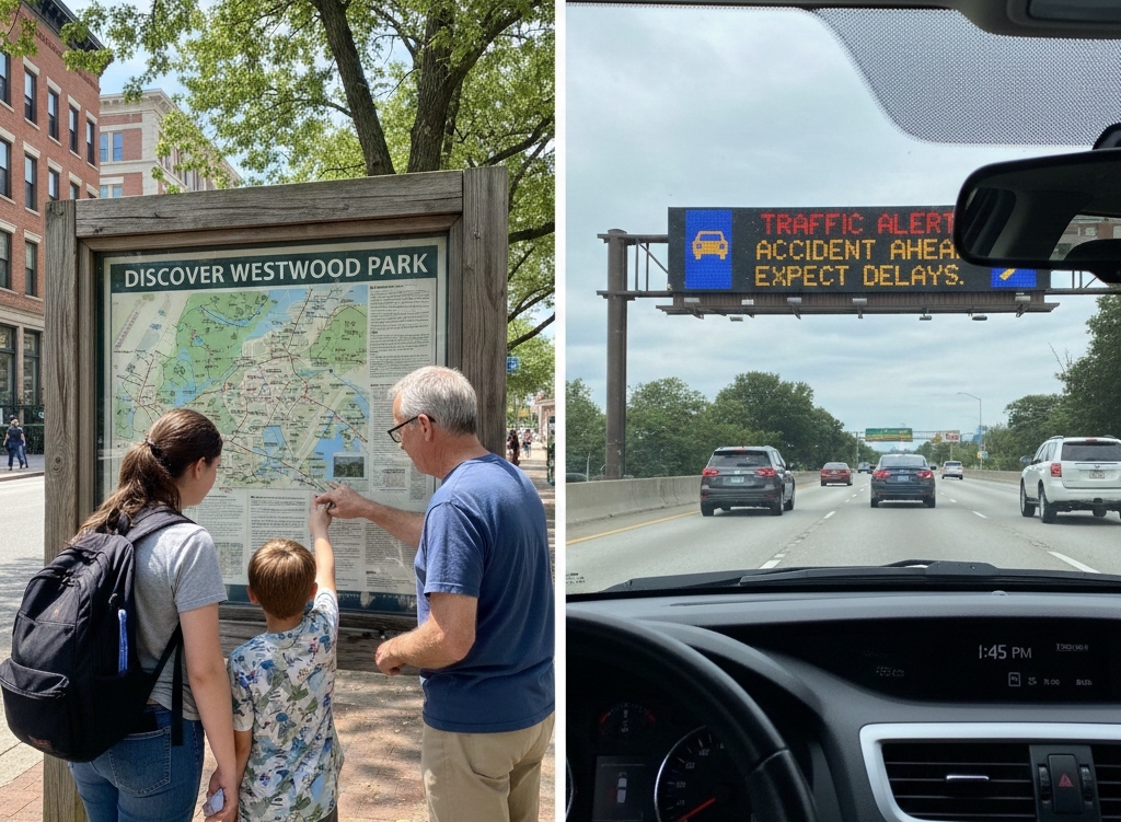 Outdoor signage designed for walk-up pedestrians and drive-by traffic