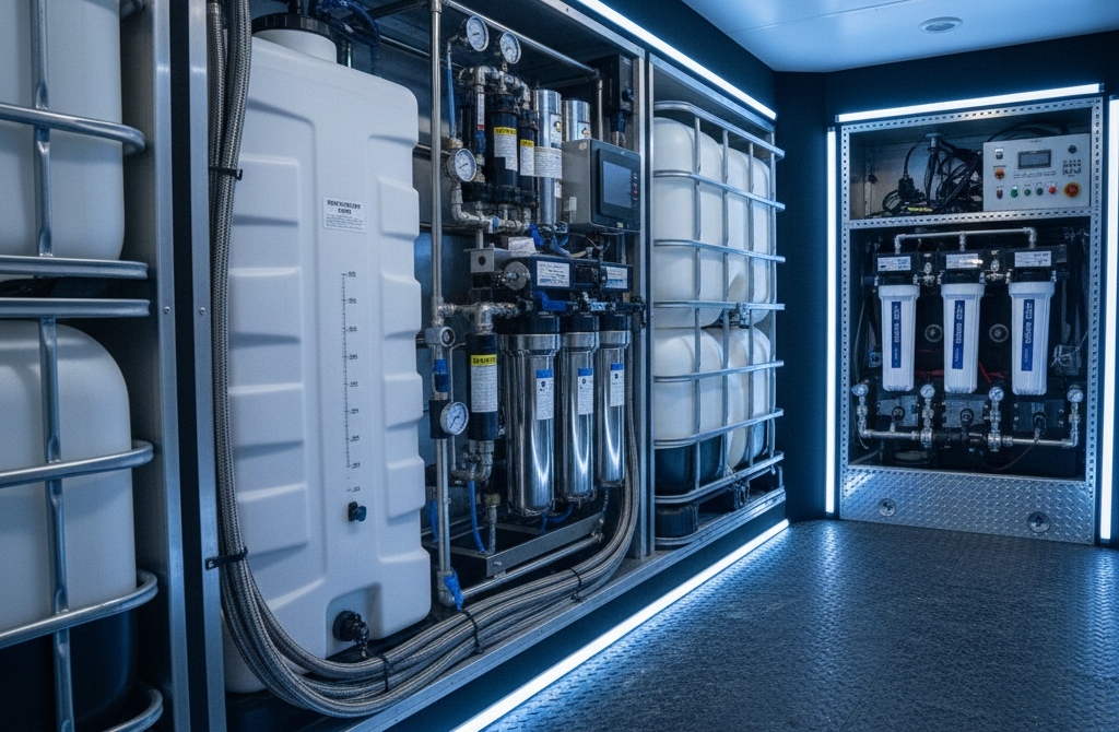 Water storage and purification systems in disaster relief vehicles