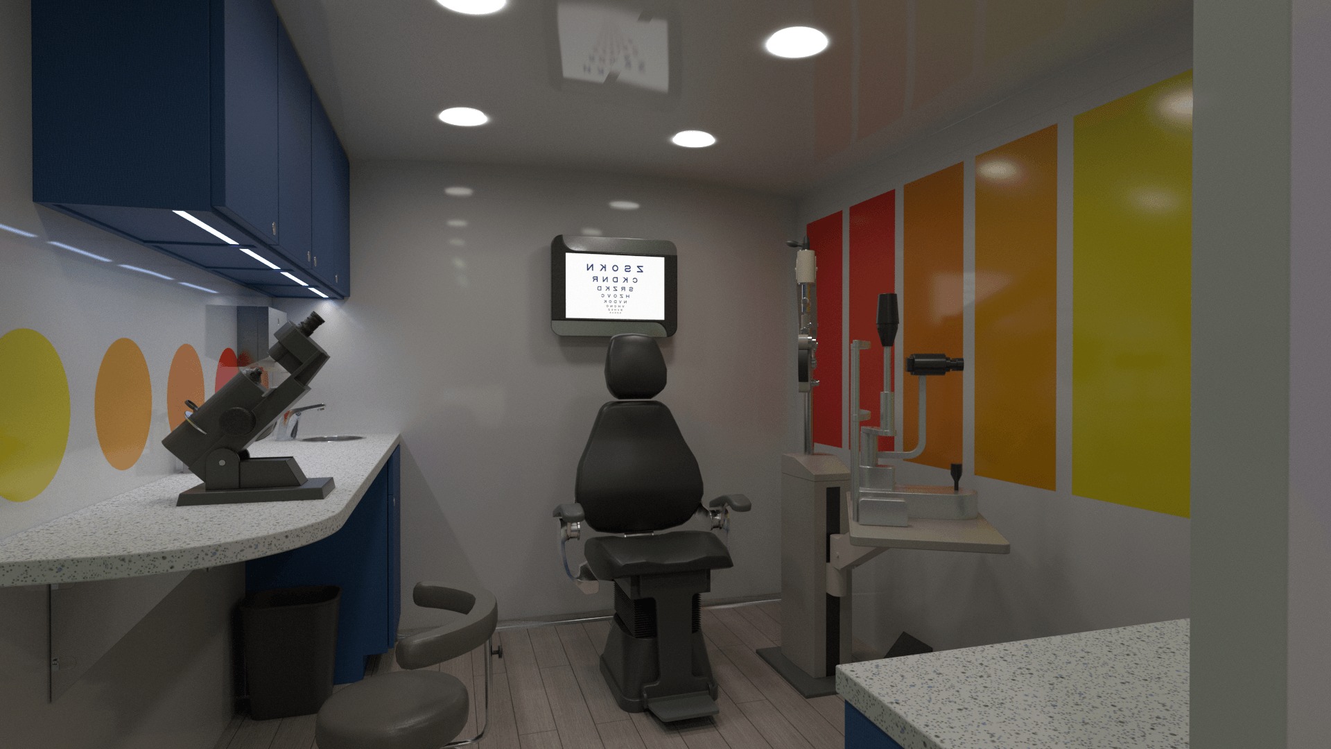 A brightly lit optometry office with medical equipment, a large exam chair, and colorful wall decor