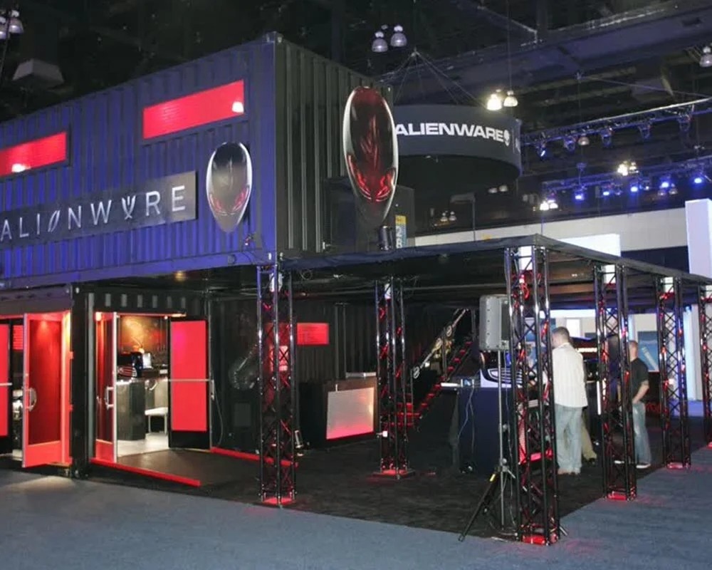 Alienware E3 event display built with a black and red shipping container conversion and outdoor truss framework.-1