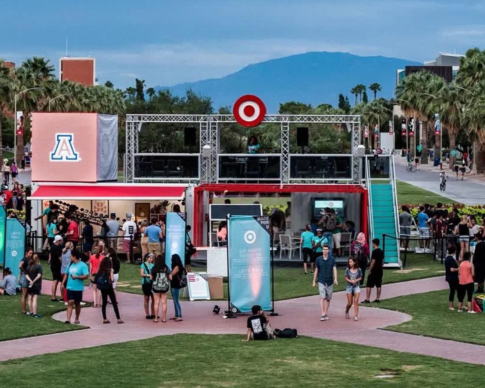 Target experiential marketing activation using a two-story shipping container conversion on the University of Arizona campus.