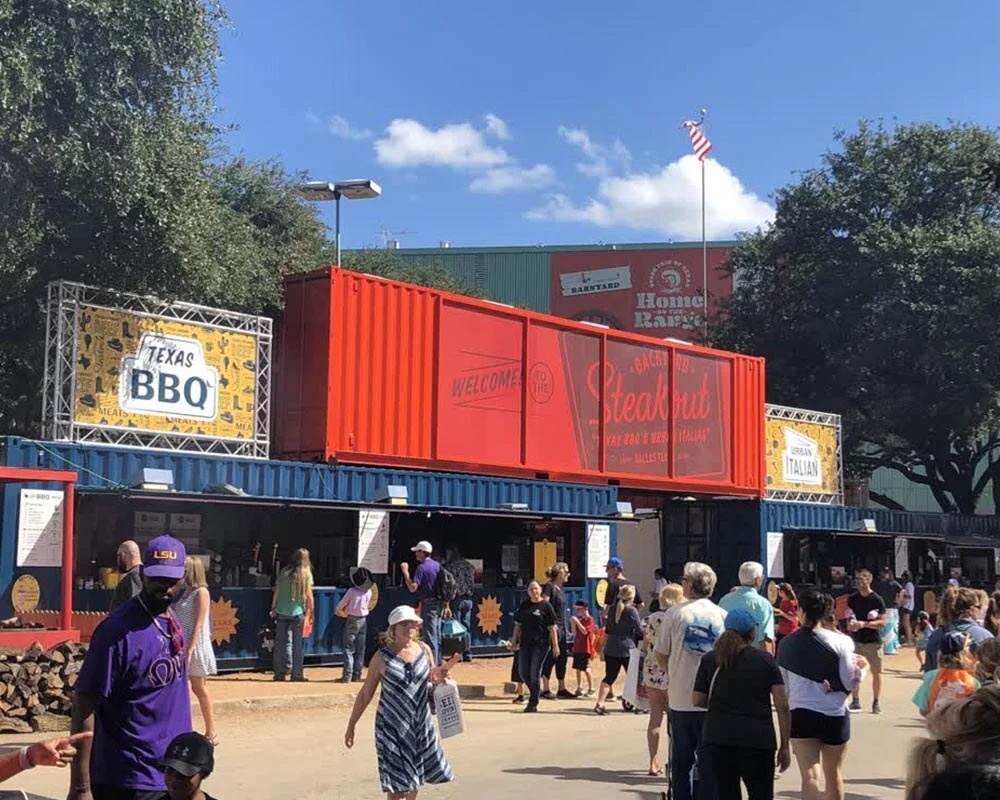 Red shipping container restaurant op-up for a
