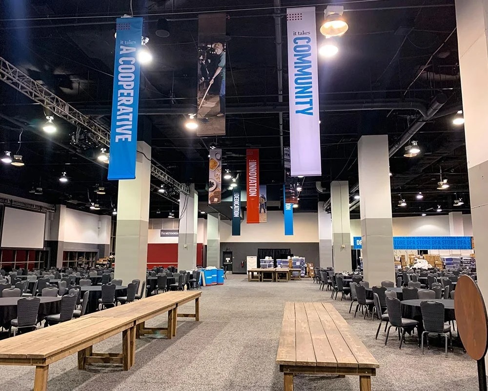 Large ceiling-hanging fabric banners