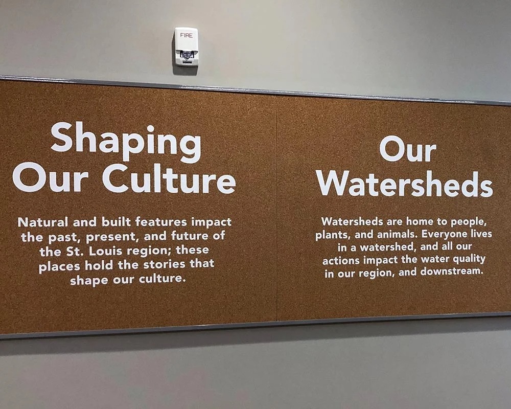 Corkboard interior environmental graphics for Great Rivers Greenway discussing
