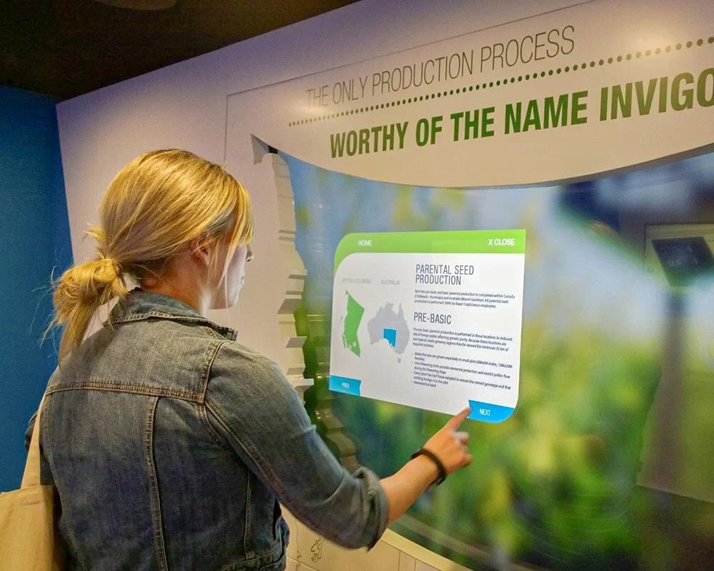 Woman interacts with a bright, interactive digital display showing