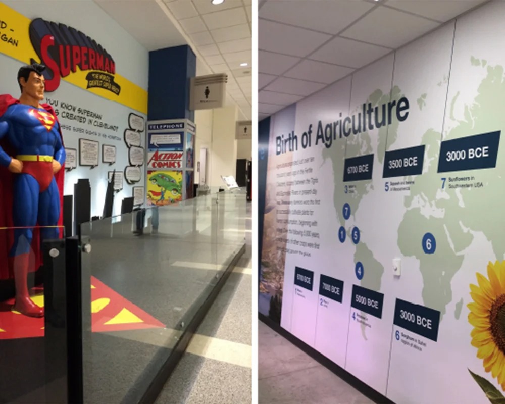 A split-image showcasing two distinct wall exhibits, likely in a museum or airport terminal: on the left, a life-size statue of Superman with a comic-book themed wall display about his origins, and on the right, a timeline wall graphic titled