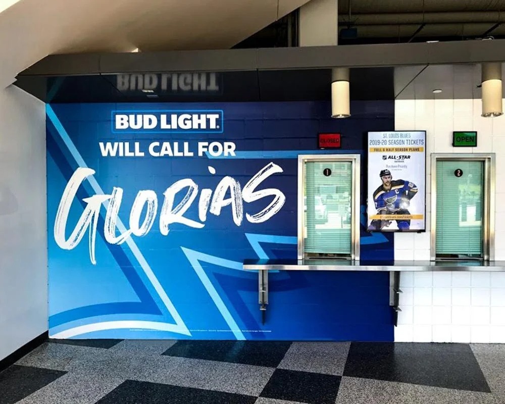 Bud Light stadium wall graphic celebrating the St. Louis Blues championship, likely featuring the team logo or the 