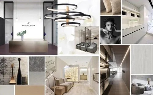  A mood board for a mobile MedSpa, featuring a collage of images with modern and luxurious interior design concepts, including neutral color palettes, minimalist furniture, and elegant light fixtures.