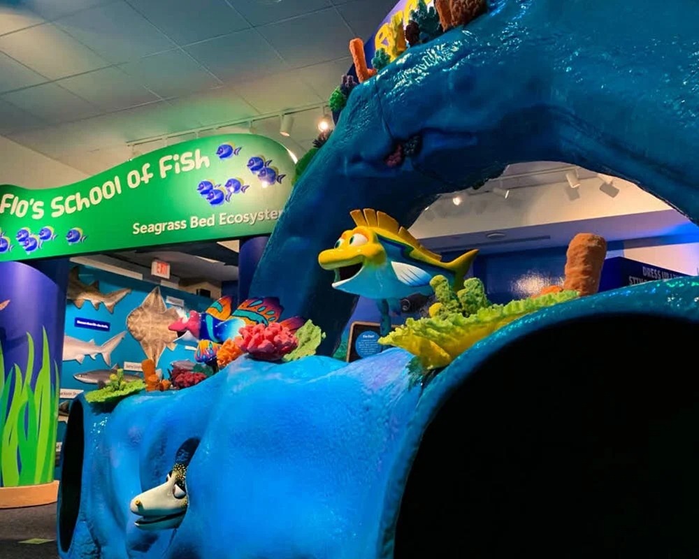 An indoor children's exhibit at an aquarium or museum, featuring a large, blue, sculpted tunnel and archway decorated with oversized, colorful cartoon fish and coral, with a green banner reading