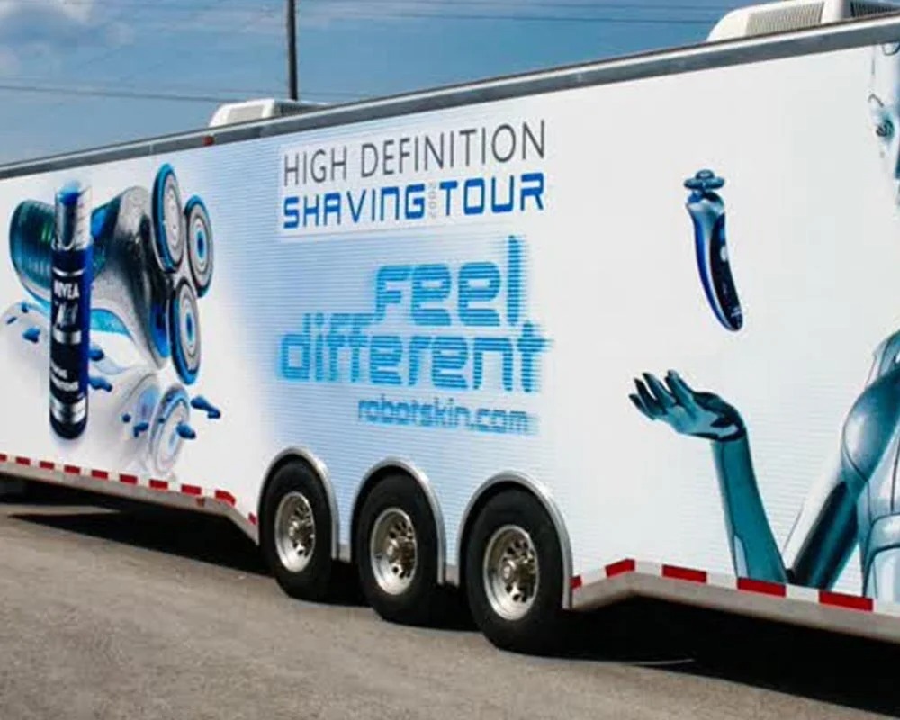 High Definition Shaving Tour mobile billboard trailer wrap promoting Nivea and a blue electric razor with the slogan